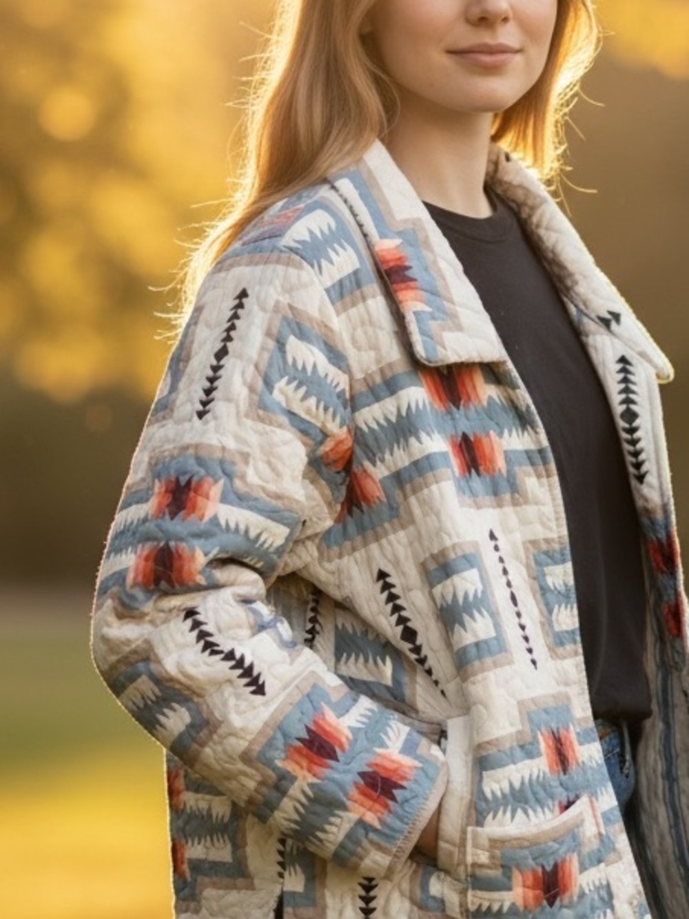 Ida Mae Home Texas Quilted Aztec South Western Cotton Jacket Coat White Blue XL